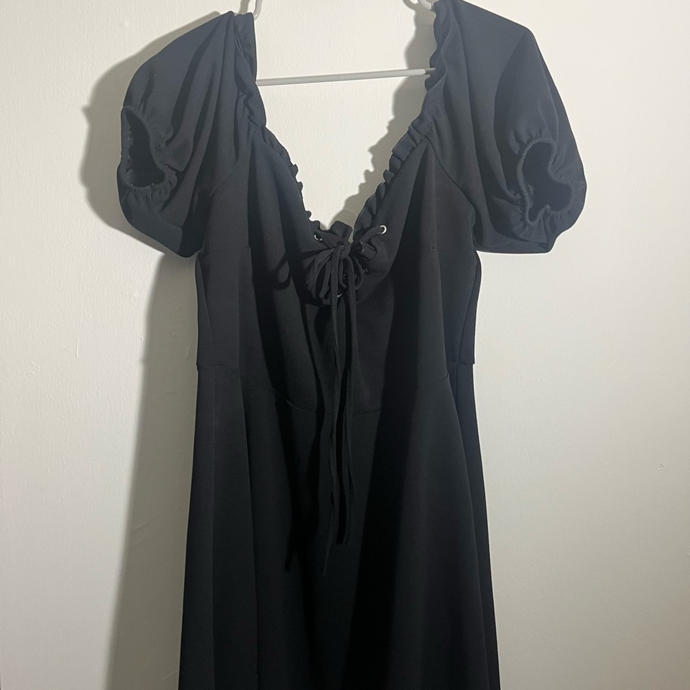 Black puff sleeve flare dress